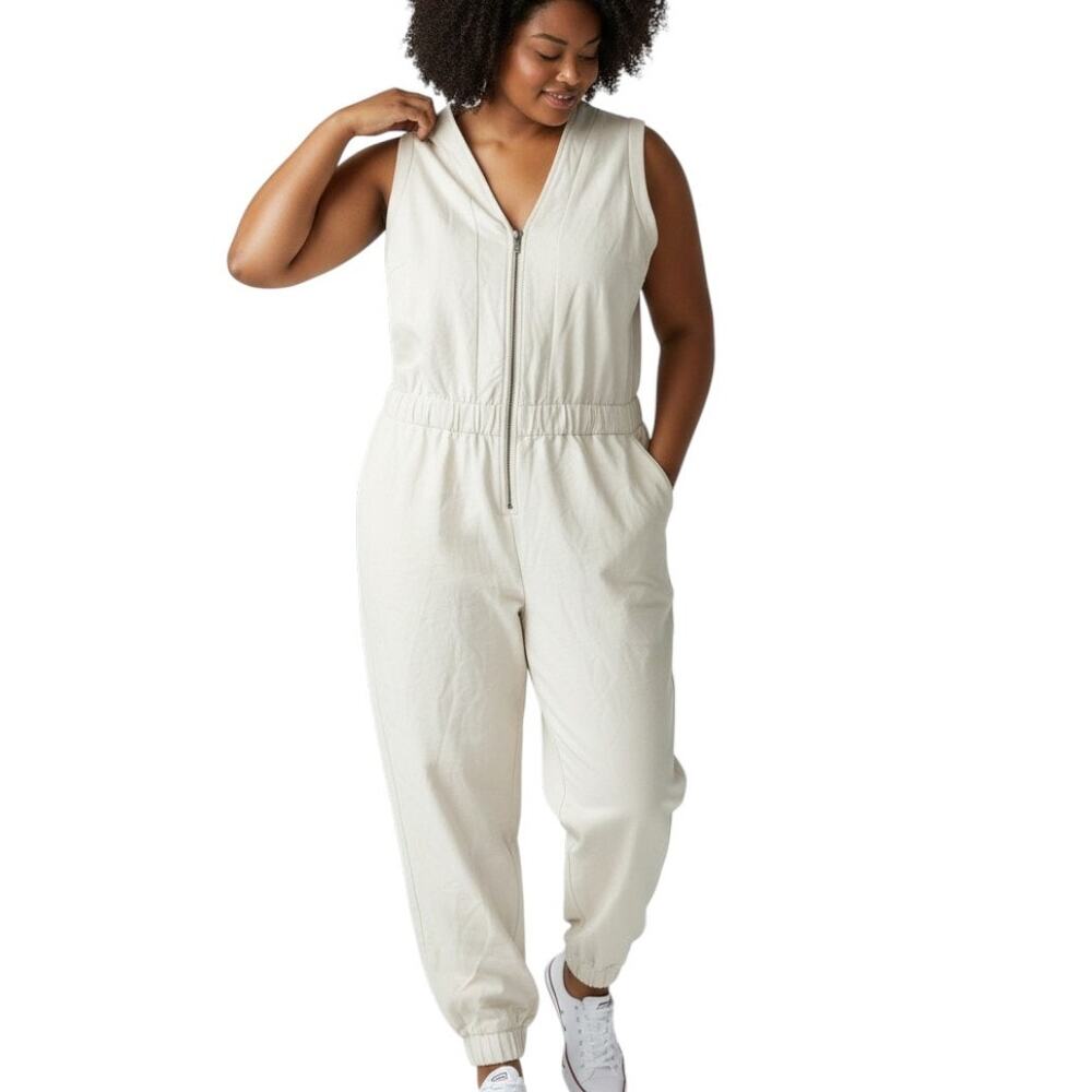 Eloquii Elements Sleeveless Knit Jumpsuit Front Zip One Piece, Cream, Sz 22/24